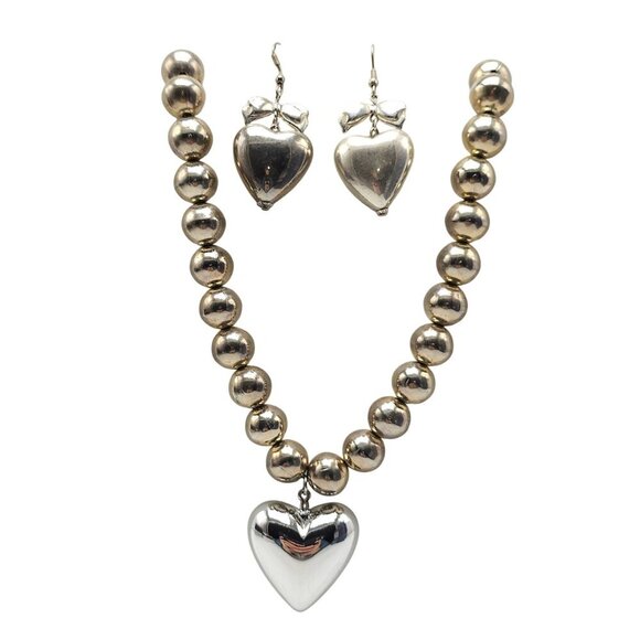 Puffy Heart Pendant Necklace Earrings Set With Silver Tone Beads Bow Accents - Picture 1 of 6